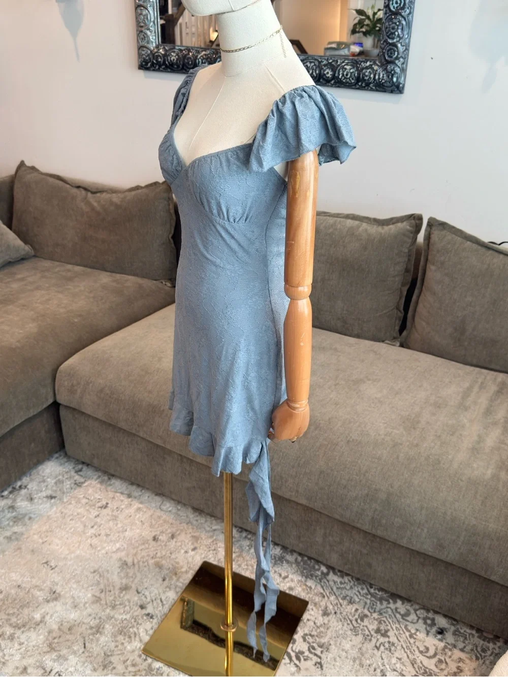 WeWoreWhat Asymmetrical Lace Mini Dress Dusty Blue | Size M - Picture 7 of 13
